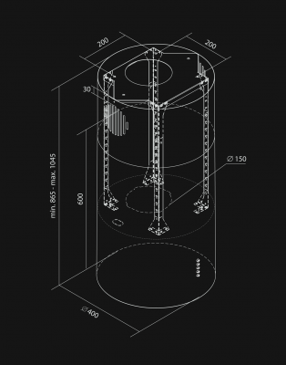 Salas tvaika nosūcēji Cylindro Eco Black - Melnais - Rysunek techniczny