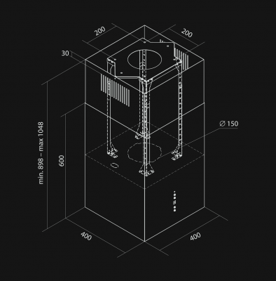 Salas tvaika nosūcēji Quadro Pro Black Matt - Melns matēts - Rysunek techniczny