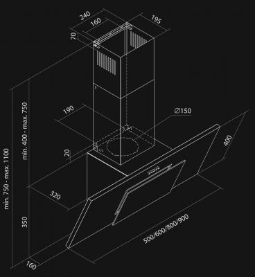 Sienas tvaika nosūcēji Dynamic Black - Melns matēts - Rysunek techniczny