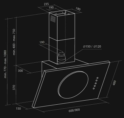 Sienas tvaika nosūcēji Vento Black - Melnais - Rysunek techniczny